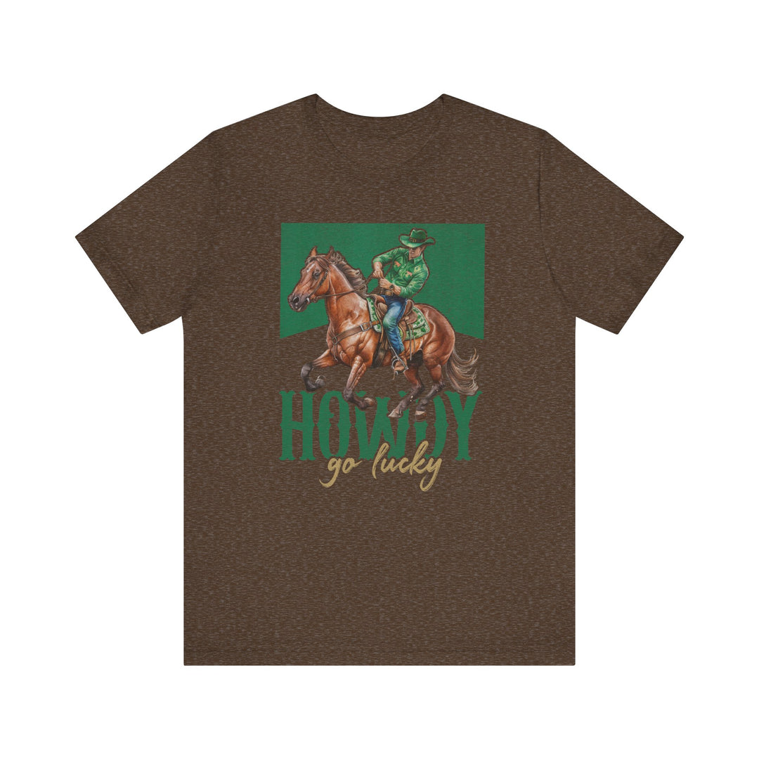 Howdy Go Lucky Tee featuring a man riding a horse, crafted from soft cotton with ribbed knit collars and dual side seams for durability.