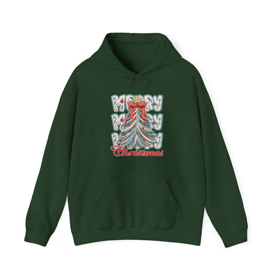 Forest-green Merry Christmas Tree Hoodie with festive tree graphic, Merry Merry text, kangaroo pocket, and drawstrings, offering cozy warmth and style.