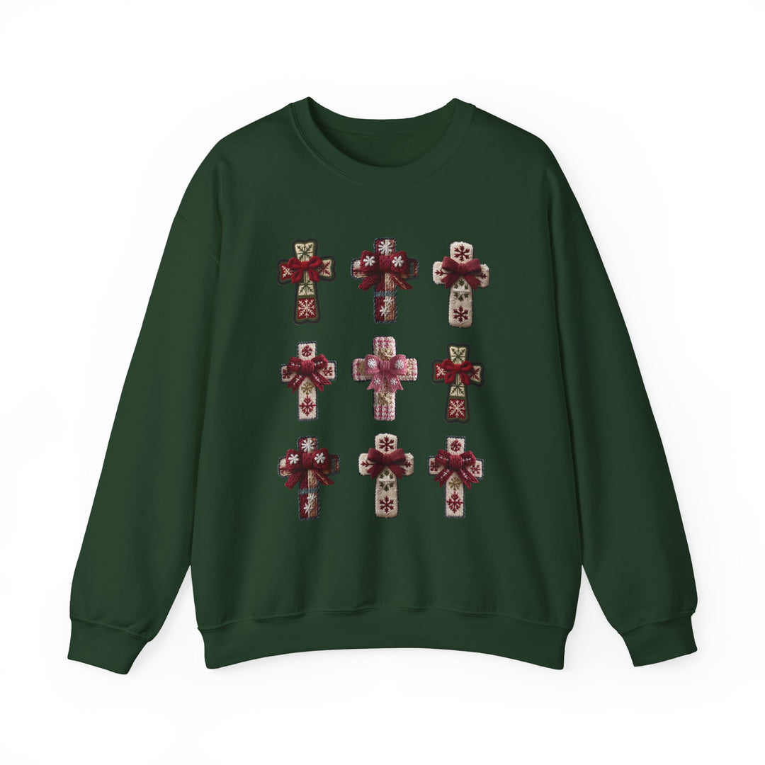 Dark-green crewneck sweatshirt featuring nine holiday-themed cross patches, each with snowflakes, reindeer, and fair-isle patterns, designed for comfort and durability.