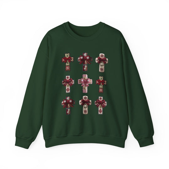 Dark-green crewneck sweatshirt featuring nine holiday-themed cross patches, each with snowflakes, reindeer, and fair-isle patterns, designed for comfort and durability.