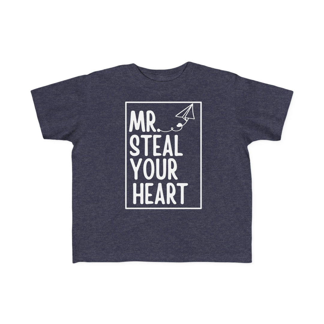 Toddler's navy-heather Mr. Steal Your Heart tee with a white screen-print design, featuring a rectangular frame and paper airplane with heart trail.