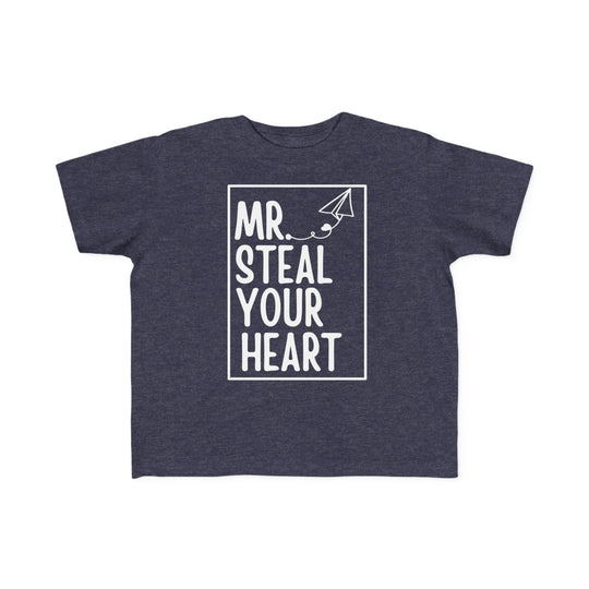 Toddler's navy-heather Mr. Steal Your Heart tee with a white screen-print design, featuring a rectangular frame and paper airplane with heart trail.