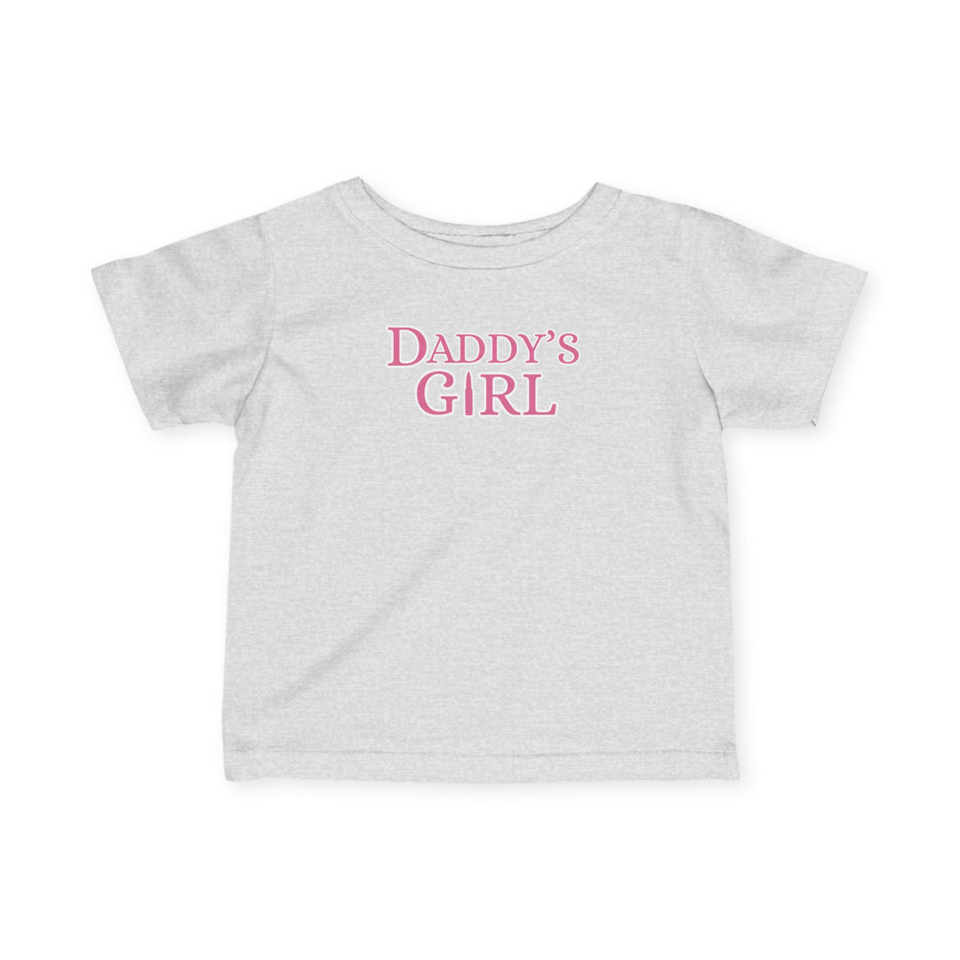 Daddy's Girl Baby Tee: A white infant jersey t-shirt with pink text, designed for comfort and durability, featuring side seams, ribbed knitting, and taped shoulders.