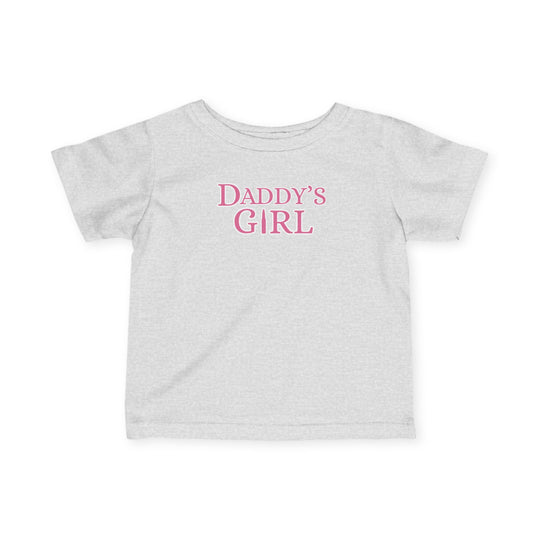 Daddy's Girl Baby Tee: A white infant jersey t-shirt with pink text, designed for comfort and durability, featuring side seams, ribbed knitting, and taped shoulders.