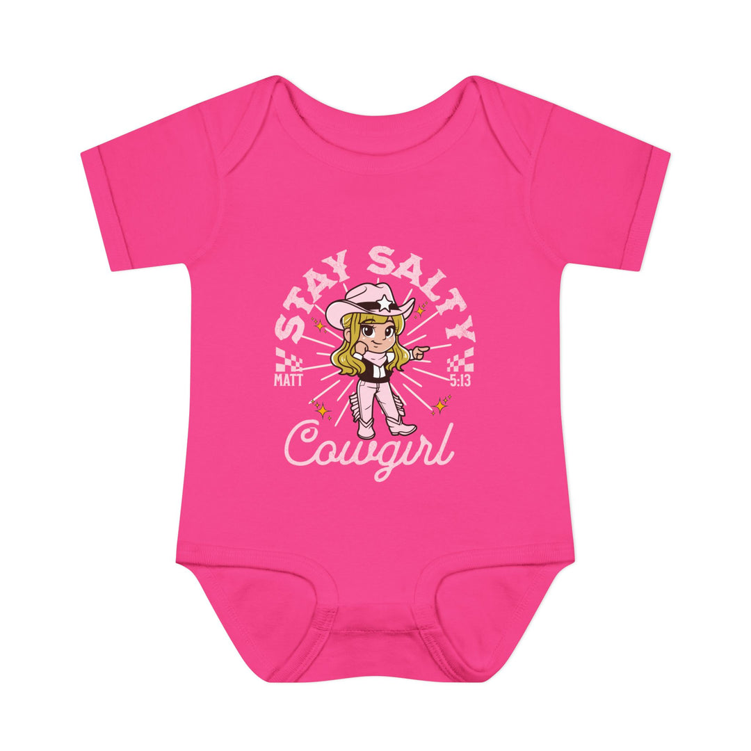 Salty Cowgirl Onesie featuring a cartoon cowboy on a pink baby bodysuit, crafted from soft ring-spun cotton, ideal for infants' comfort and easy dressing.