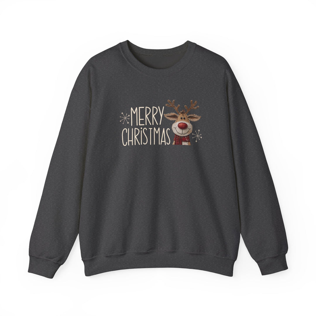 Merry Christmas Reindeer Crew: Dark-charcoal crewneck sweatshirt featuring 'MERRY CHRISTMAS' text and a smiling reindeer graphic, ideal for festive comfort and style.