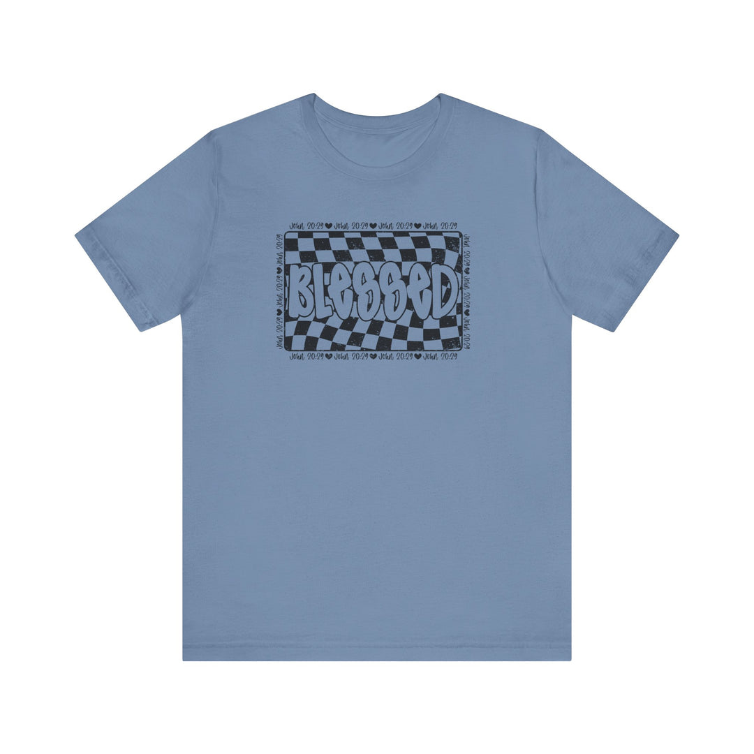 Blessed Tee: Classic unisex jersey t-shirt featuring a checkered design, crafted from soft cotton with ribbed knit collars and dual side seams for durability.