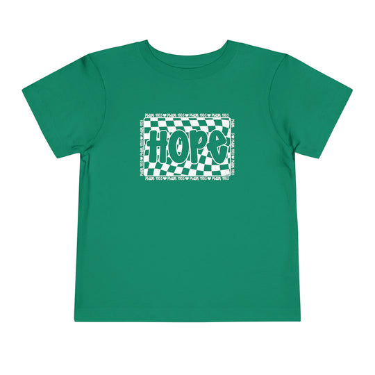 Hope Toddler Tee: Green checkered design, short sleeve, 100% Airlume combed cotton, perfect for everyday wear, featuring a comfortable tear-away label. Ideal for stylish toddlers.