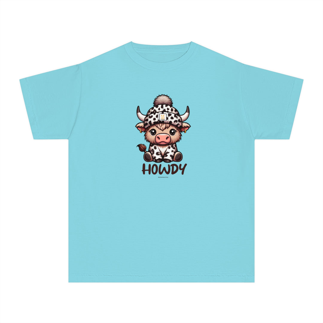 A blue kid's tee featuring a cartoon cow in a hat. Made of 100% combed ringspun cotton for comfort and agility. Perfect for active kids. Classic fit, soft-washed, and garment-dyed.