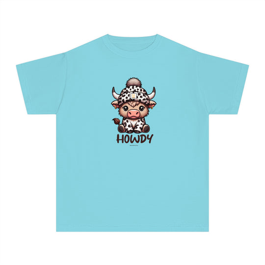 A blue kid's tee featuring a cartoon cow in a hat. Made of 100% combed ringspun cotton for comfort and agility. Perfect for active kids. Classic fit, soft-washed, and garment-dyed.