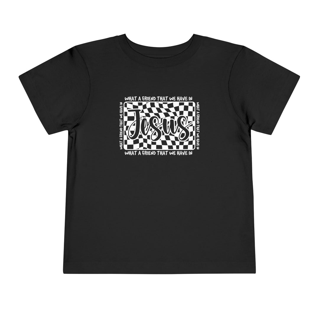 Toddler wearing What a Friend We Have in Jesus tee, showcasing Bella Canvas's soft, custom, short-sleeve design, perfect for everyday comfort and style.