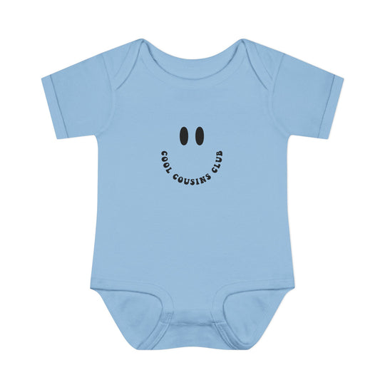 Cool Cousins Club Onesie, a soft, infant unisex bodysuit with lap shoulders, made from 100% combed ring-spun cotton, ideal for comfort and easy wear.