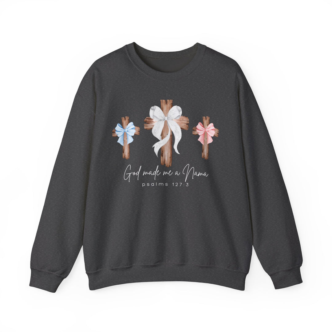 Dark charcoal-gray sweatshirt featuring three wooden crosses with bows, 'God Made Me a Nana' text, and 'Psalms 127:3' underneath, by Faith Family Designs.