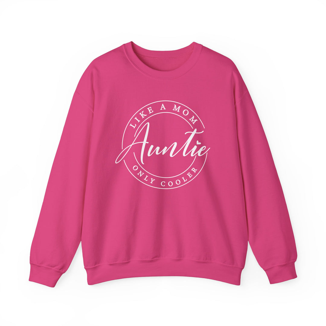 Auntie Crew pink sweatshirt featuring white text, offering a comfortable unisex fit with a ribbed collar, made from a polyester-cotton blend for lasting style.