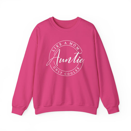 Auntie Crew pink sweatshirt featuring white text, offering a comfortable unisex fit with a ribbed collar, made from a polyester-cotton blend for lasting style.