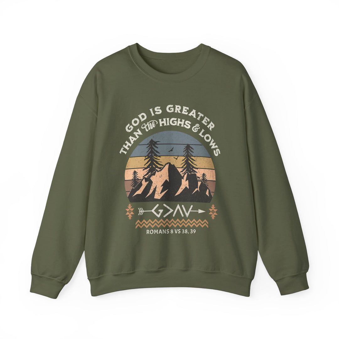God Is Greater Crew: Green sweatshirt featuring a mountain and sunset graphic design, ideal for comfort with a ribbed collar and polyester-cotton blend.