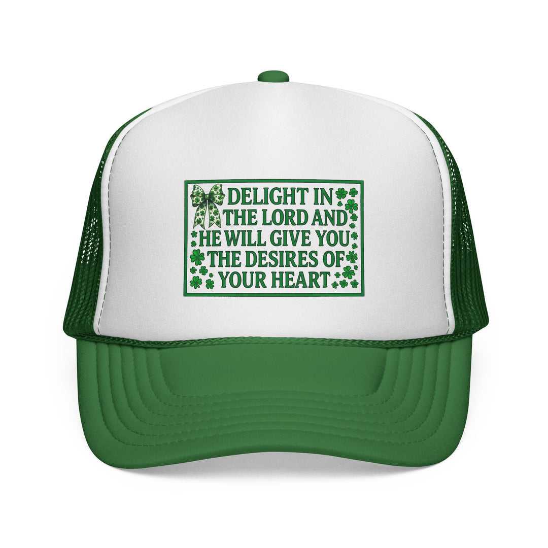 Delight in the Lord Trucker Cap featuring inspirational text with shamrock accents, green brim, adjustable snap closure, durable polyester front, and nylon mesh back.