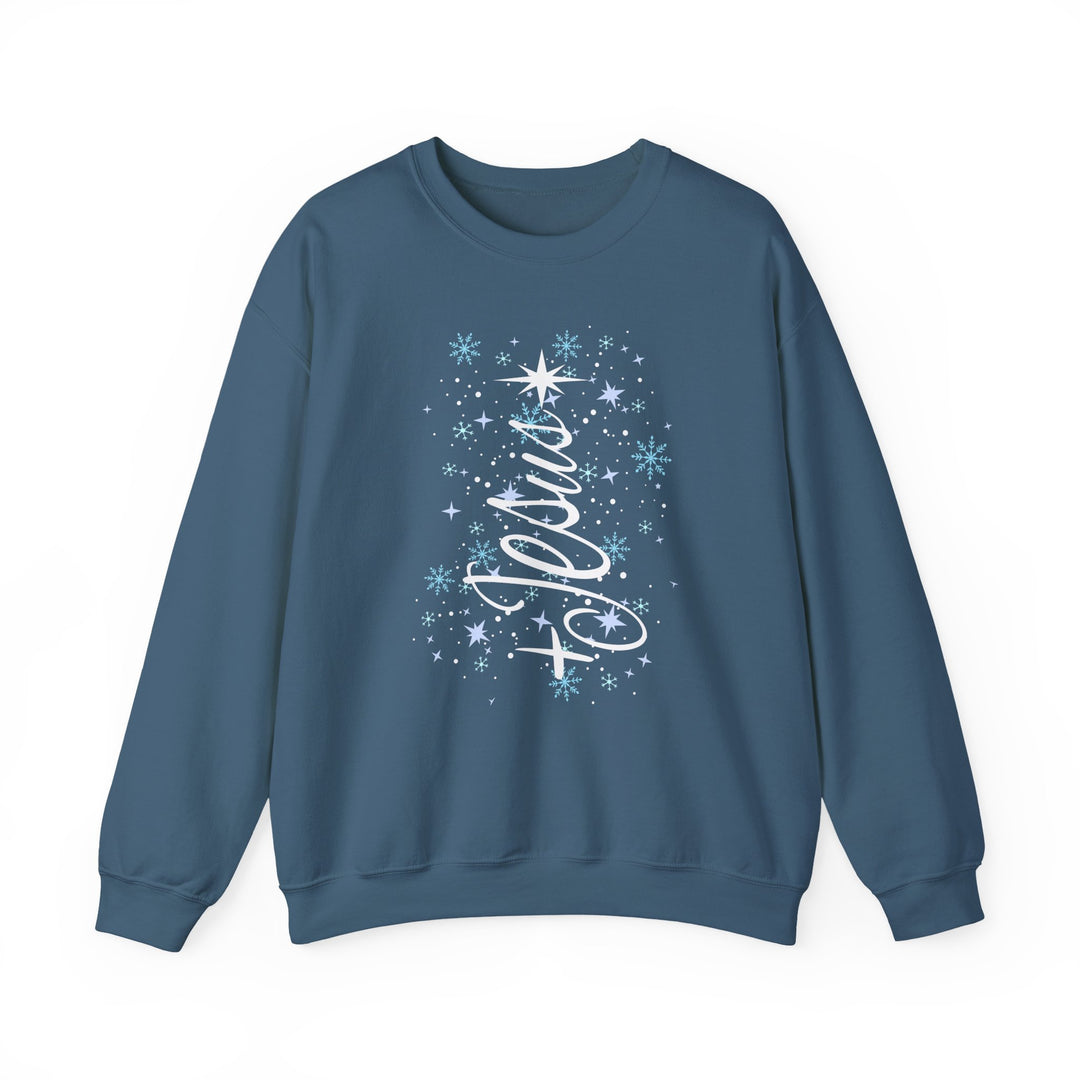 Teal-blue crewneck sweatshirt featuring to Pluto with snowflakes and stars, designed for comfort and durability. Part of Faith Family Designs' unique graphic t-shirt collection.