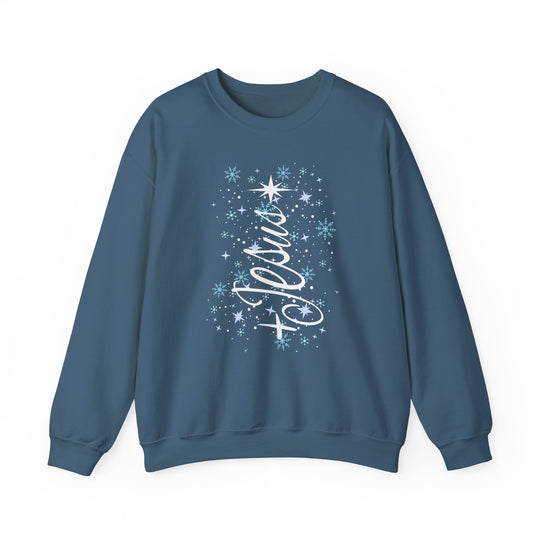 Teal-blue crewneck sweatshirt featuring to Pluto with snowflakes and stars, designed for comfort and durability. Part of Faith Family Designs' unique graphic t-shirt collection.
