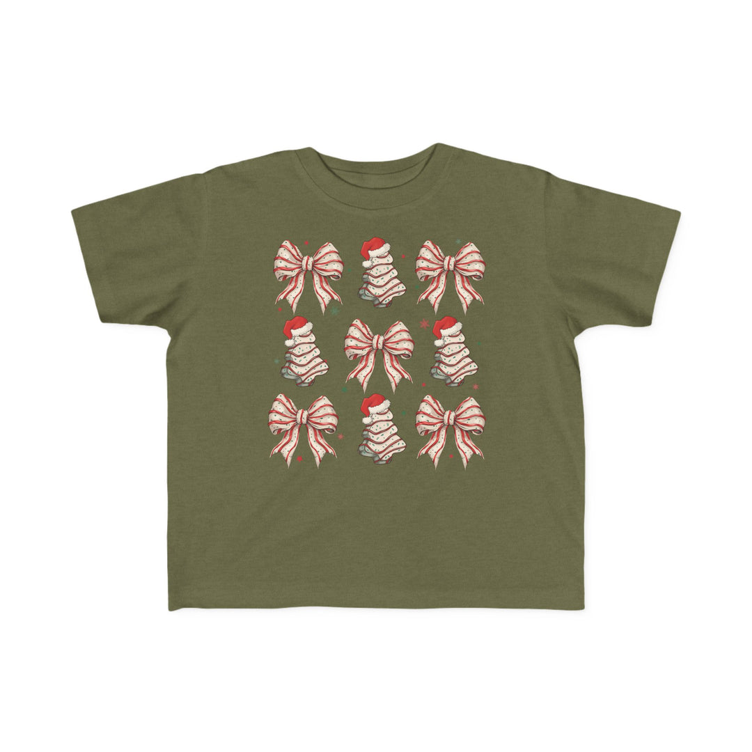 Cookies and Bows Toddler Tee, olive-green with a 3x3 grid of red-and-white bows and Santa-capped Christmas trees, ideal for toddlers' soft skin.
