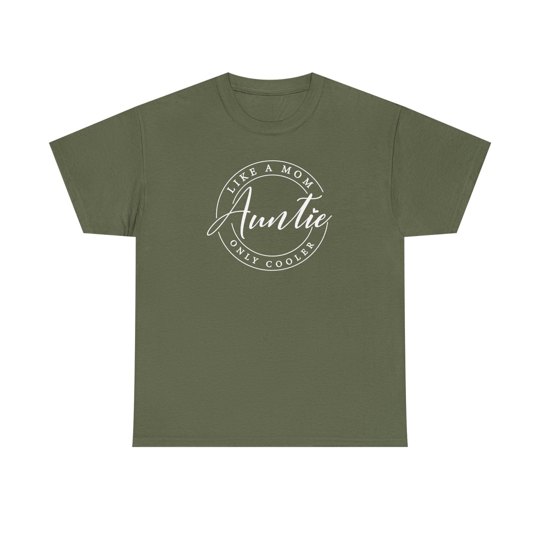 Auntie Tee: Green t-shirt featuring white text, classic fit, durable tape on shoulders, ideal for casual wear.