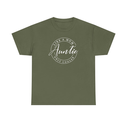 Auntie Tee: Green t-shirt featuring white text, classic fit, durable tape on shoulders, ideal for casual wear.