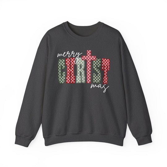 Charcoal-gray crewneck sweatshirt featuring merry CHRISTmas graphic with red and green checkerboard letters, designed for comfort and style.