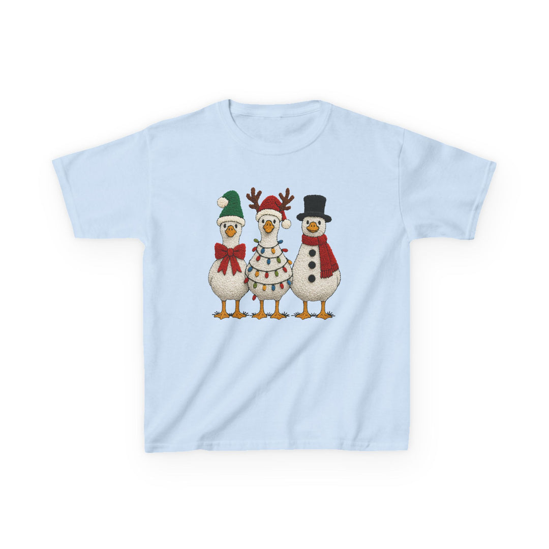 Christmas Geese Kids Tee with cartoon birds in holiday costumes: elf, reindeer, and snowman. Made of soft, durable cotton blend for everyday wear.