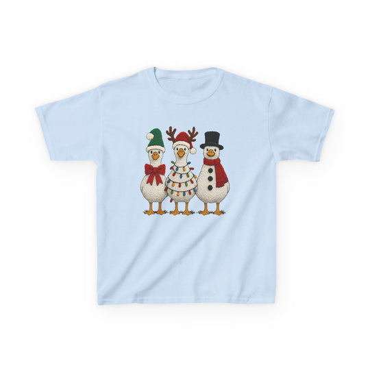 Christmas Geese Kids Tee with cartoon birds in holiday costumes: elf, reindeer, and snowman. Made of soft, durable cotton blend for everyday wear.