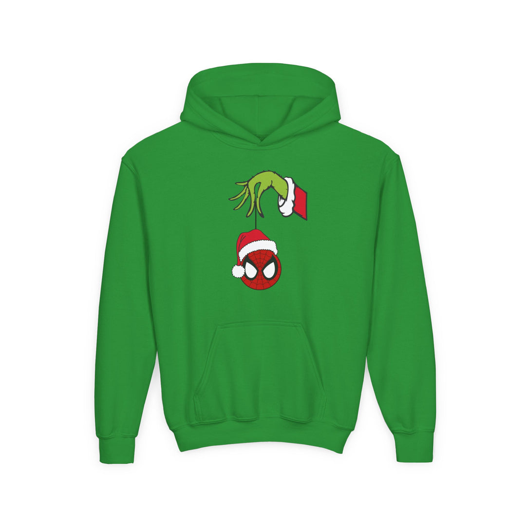 Spider Ball Christmas Youth Hoodie features a playful Grinch hand holding a Spider-Man ornament, perfect for holiday fun. Ultra-soft fleece with kangaroo pocket.