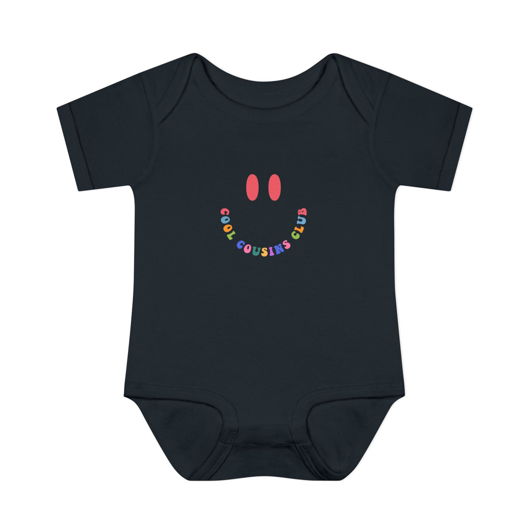 Infant Cool Cousins Club onesie, showcasing a unisex fit with lap shoulders, made from soft, ring-spun cotton, ideal for comfort and easy dressing.