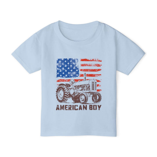American Boy Toddler Tee with American flag and tractor design, crafted from 100% cotton for comfort, ideal for stylish, eco-conscious kids.