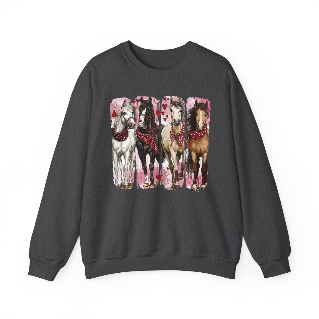 Horse Valentine Crew sweatshirt features four horses with red bandanas on a pink heart backdrop, offering comfort with a cotton-polyester blend and ribbed collar.