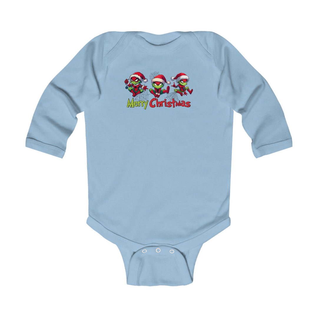 Light-blue Spider Onesie featuring three green cartoon characters in Santa hats with Merry Christmas text in festive colors, designed for infants.