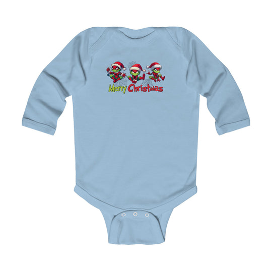 Light-blue Spider Onesie featuring three green cartoon characters in Santa hats with Merry Christmas text in festive colors, designed for infants.
