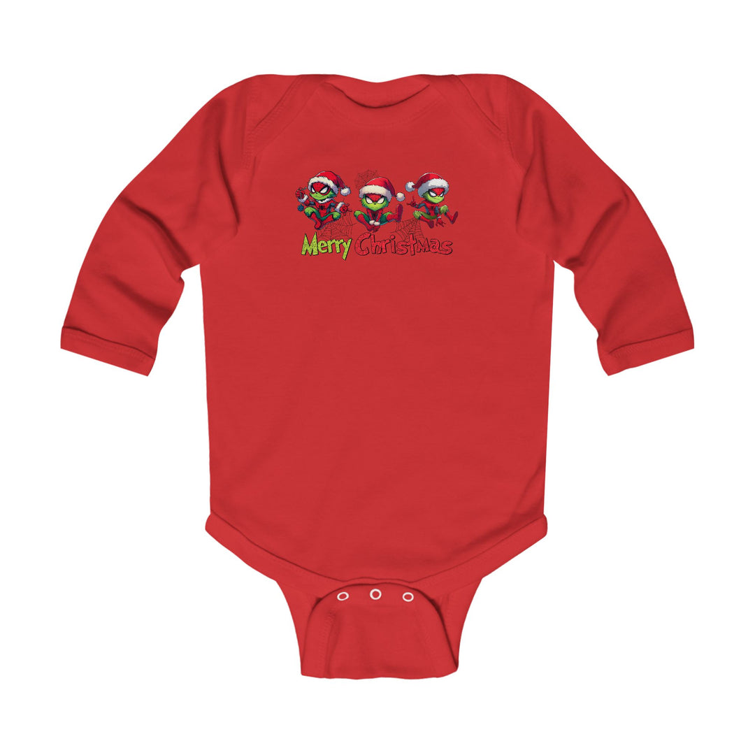 Spider Onesie: Red long-sleeved baby bodysuit with festive Grinch-style characters and Merry Christmas text, featuring snap closures for easy changing.