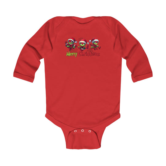 Spider Onesie: Red long-sleeved baby bodysuit with festive Grinch-style characters and Merry Christmas text, featuring snap closures for easy changing.