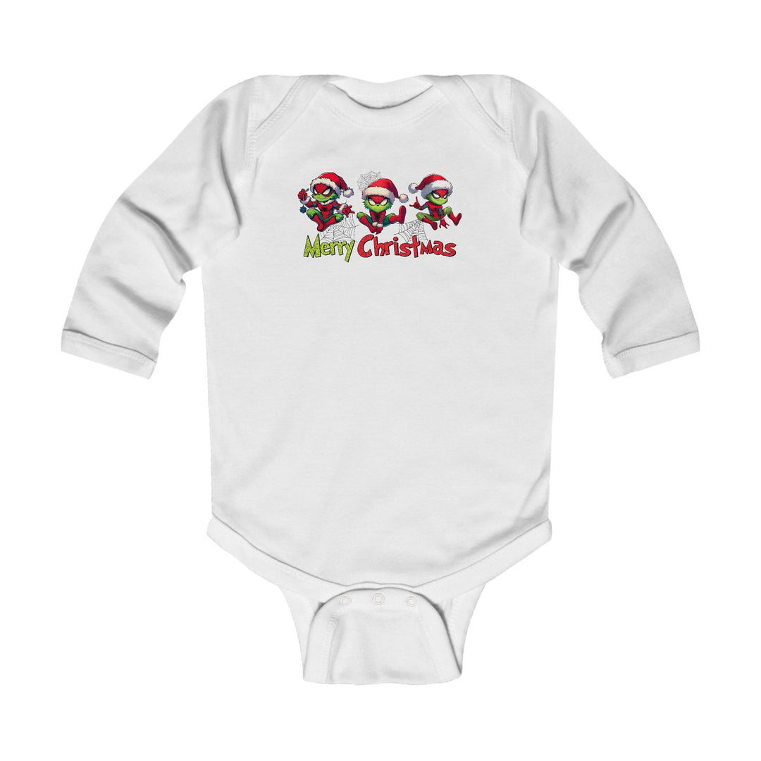 Spider Onesie: White infant bodysuit with festive Merry Christmas print featuring three green cartoon characters in Santa hats, perfect for holiday celebrations.