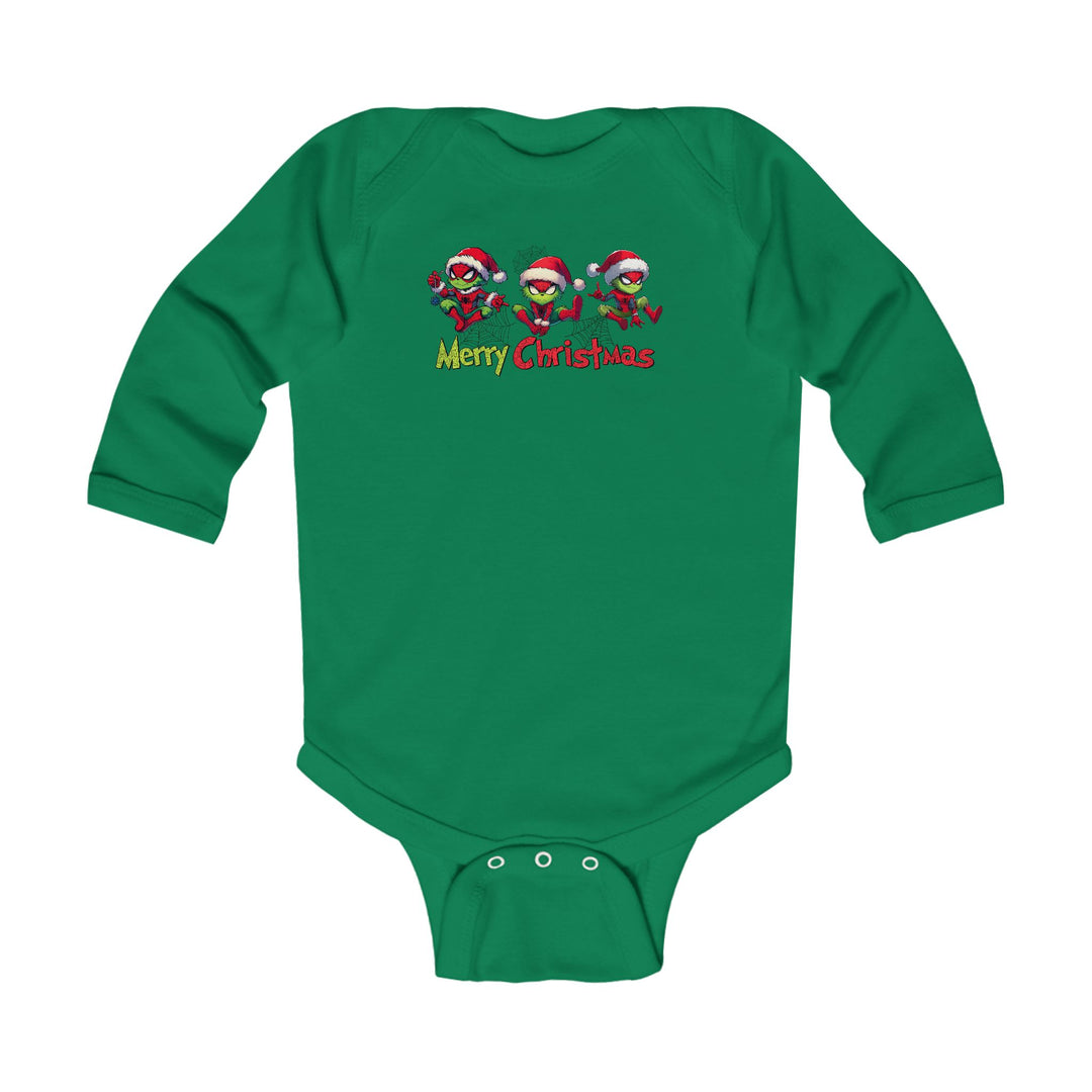 Spider Onesie: Green baby bodysuit with festive Christmas superhero characters and Merry Christmas text, featuring snap buttons for easy diaper changes.