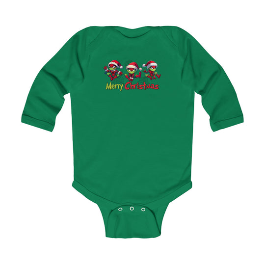 Spider Onesie: Green baby bodysuit with festive Christmas superhero characters and Merry Christmas text, featuring snap buttons for easy diaper changes.