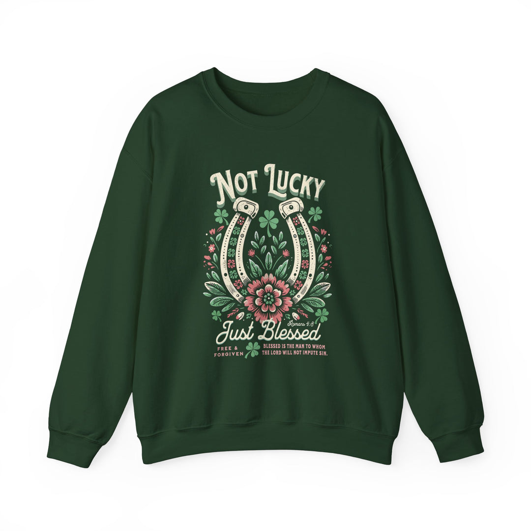 Blessed Crew sweatshirt featuring a horseshoe and floral design, combining comfort with style; made from a polyester-cotton blend. Ideal for casual wear.