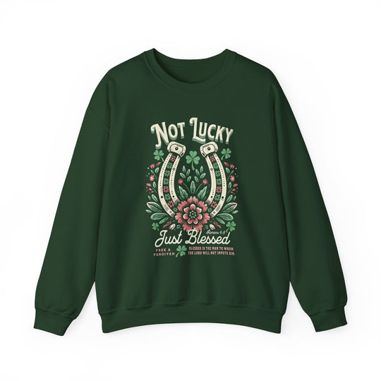 Blessed Crew sweatshirt featuring a horseshoe and floral design, combining comfort with style; made from a polyester-cotton blend. Ideal for casual wear.
