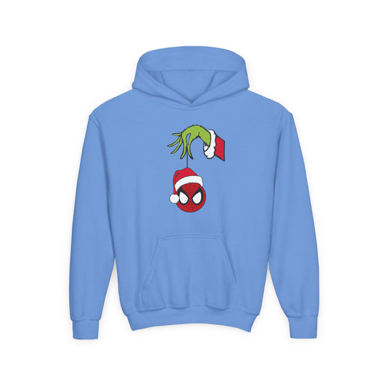 Spider Ball Christmas Youth Hoodie featuring the Grinch's hand holding Spider-Man ornament, Santa hat. Ultra-soft fleece, kangaroo pocket, regular fit, perfect for festive fun.