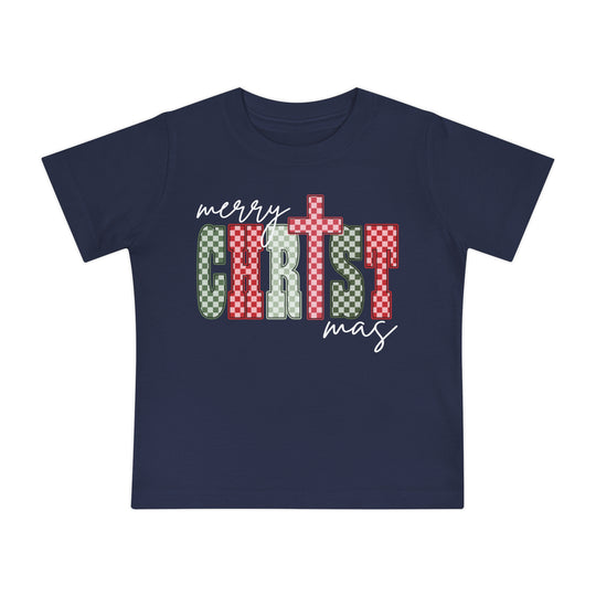 Christmas zBaby Tee in navy-blue featuring a festive “merry CHRISTmas” graphic with red-green-white checkerboard letters, designed for comfort and durability in sizes 3-24 months.