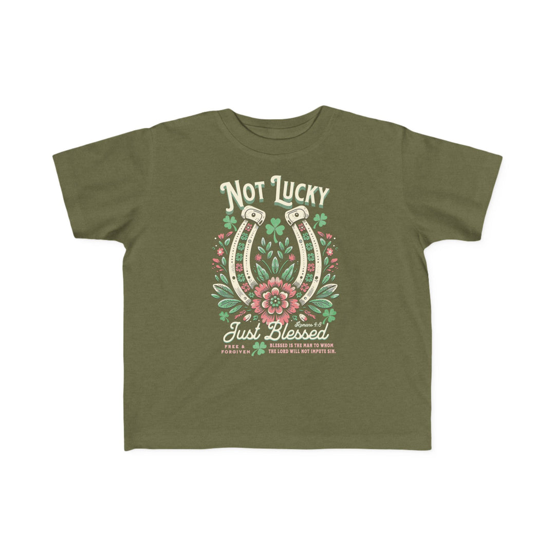 Blessed Toddler's Tee featuring a graphic of a horseshoe surrounded by flowers, designed for comfort and durability with soft, high-quality cotton.