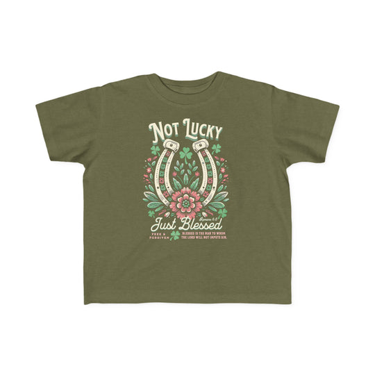 Blessed Toddler's Tee featuring a graphic of a horseshoe surrounded by flowers, designed for comfort and durability with soft, high-quality cotton.