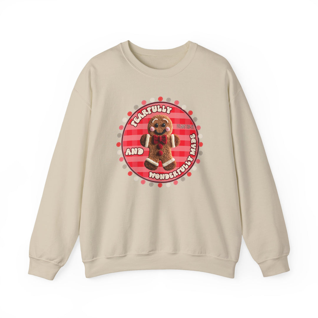 Cream-colored crewneck sweatshirt featuring a smiling gingerbread man graphic with Fearfully and Wonderfully Made and Psalms 139:14 text, ideal for cozy, ethical wear.