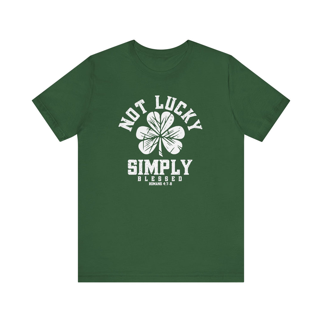 Not Lucky Tee featuring a four-leaf clover graphic on a green unisex jersey short sleeve, made from soft cotton for a comfortable fit.