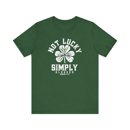 Not Lucky Tee featuring a four-leaf clover graphic on a green unisex jersey short sleeve, made from soft cotton for a comfortable fit.