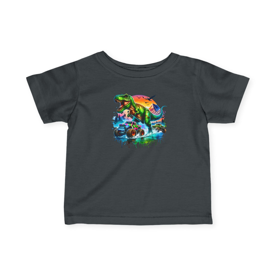 Dino Truck Baby Tee: Charcoal-gray infant T-shirt featuring a vivid neon-style roaring T. rex over a monster truck, set against a colorful sunset backdrop. Ribbed, durable, and soft.